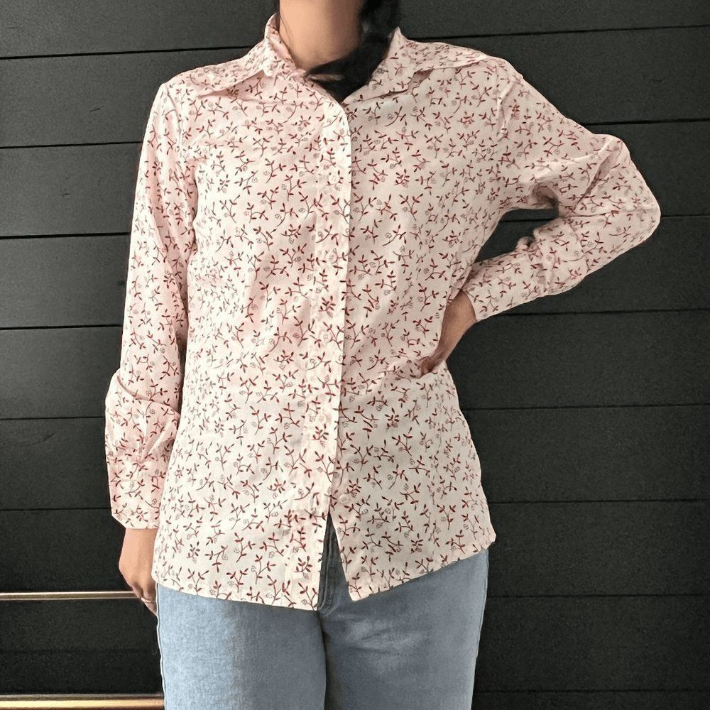 Vintage 1970s floral long sleeve button down blouse pretty secretary medium - Picture 4 of 9